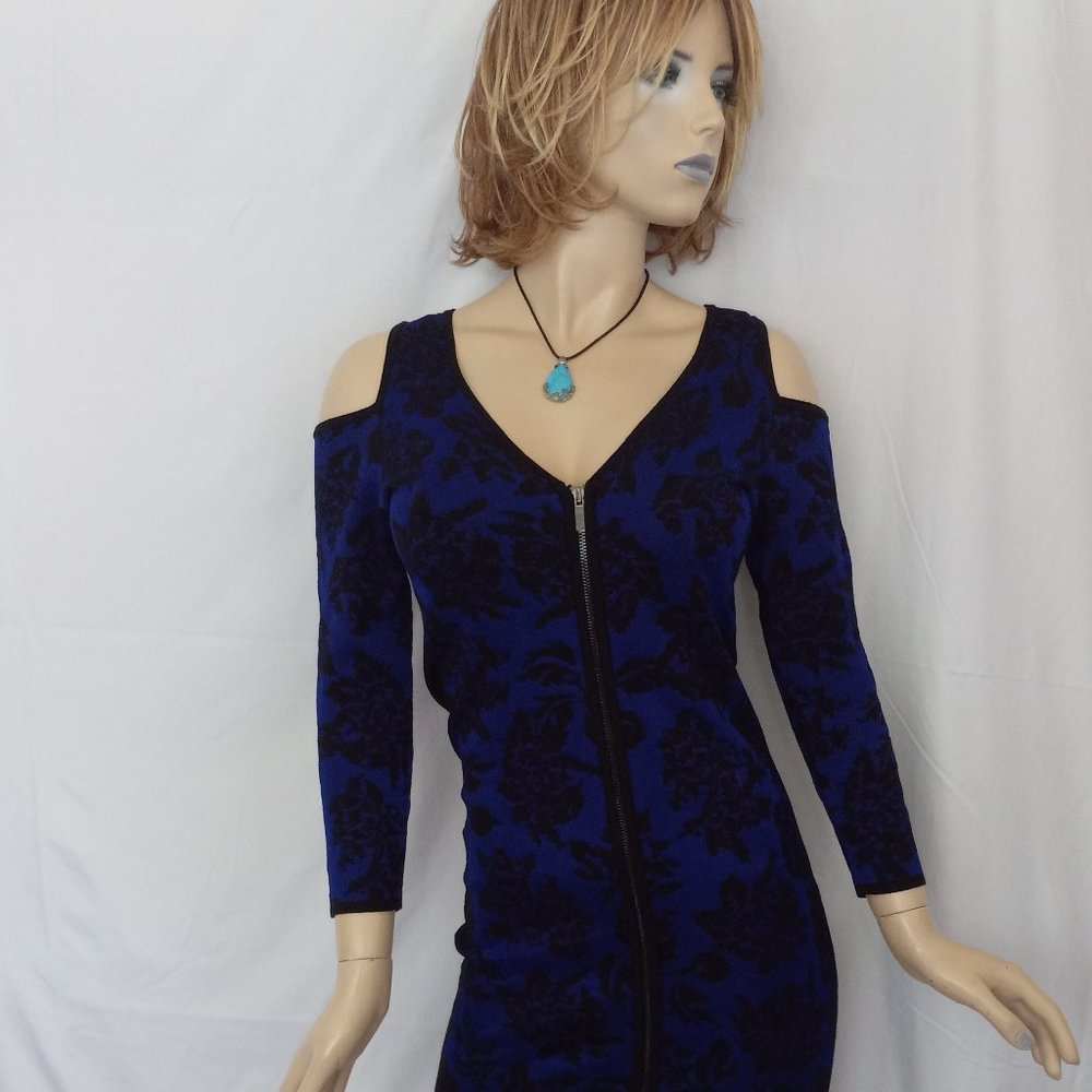 Eye-Catching CACHE Blue/Black Full Zip Bodycon Dress Cold Shoulder, Sz M - Picture 1 of 3
